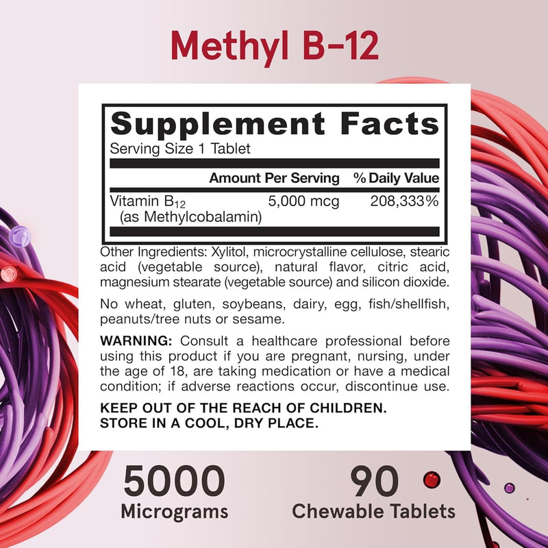 Jarrow Formulas Methyl B-12 Cherry Methylcobalamin 5000 mcg 90 Chewable Tablets