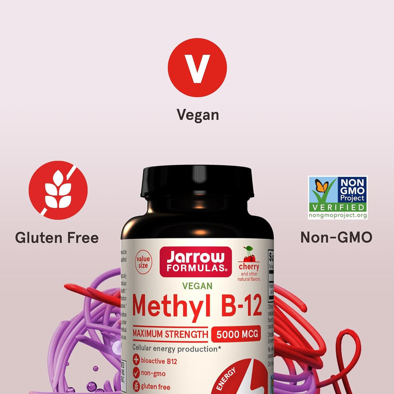 Jarrow Formulas Methyl B-12 Cherry Methylcobalamin 5000 mcg 90 Chewable Tablets