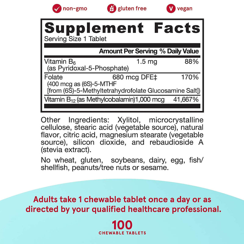 Jarrow Formulas Methyl B-12 & Methyl Folate Lemon 100 Chewable Tablets