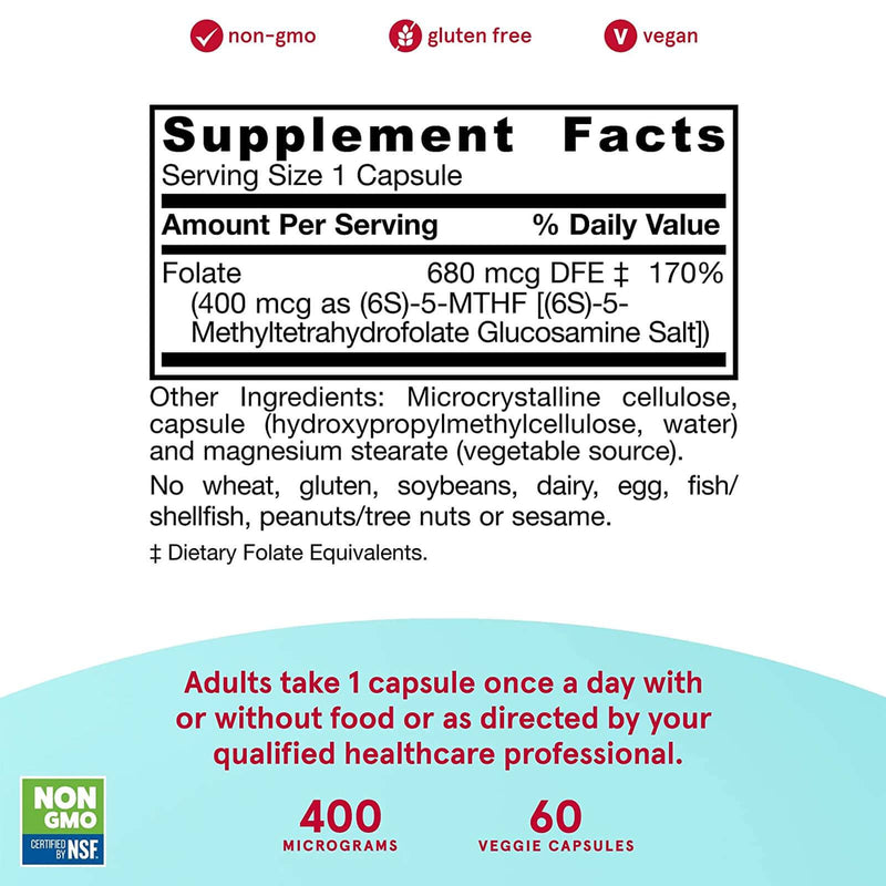 Jarrow Formulas, Folato de metilo, 400 mcg, 60 cápsulas vegetarianas