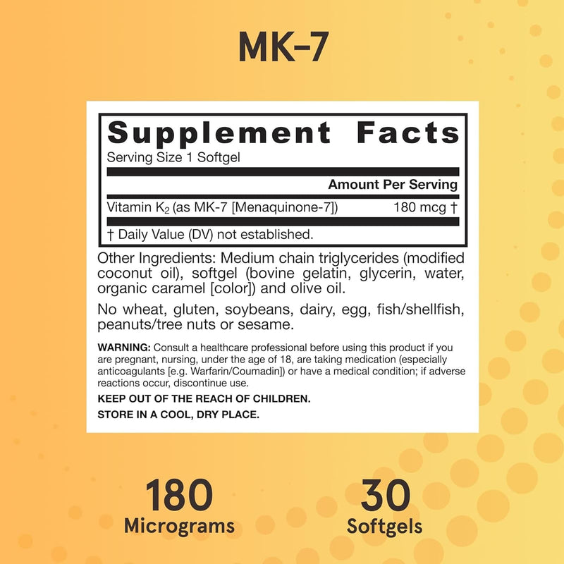 Jarrow Formulas、MK-7、最も活性の高いビタミンK2、180 mcg、30ソフトジェル