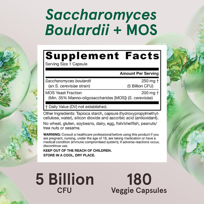 Jarrow Formulas Saccharomyces Boulardii Plus MOS 5 Billion Probiotic + Prebiotic 180 Veggie Capsules