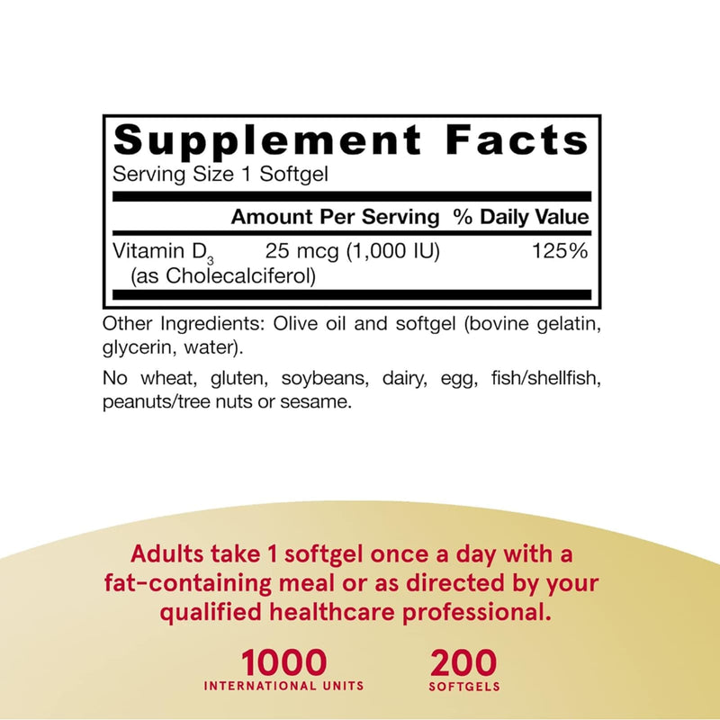 Jarrow Formulas, vitamina D3, colecalciferol, 25 mcg (1000 UI), 200 cápsulas blandas