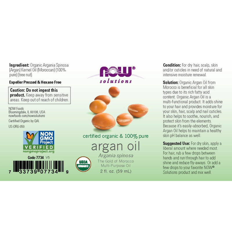 NOW Solutions, aceite de argán orgánico, certificado orgánico y 100 % puro, aceite multiusos &quot;Oro de Marruecos&quot;, 2 onzas