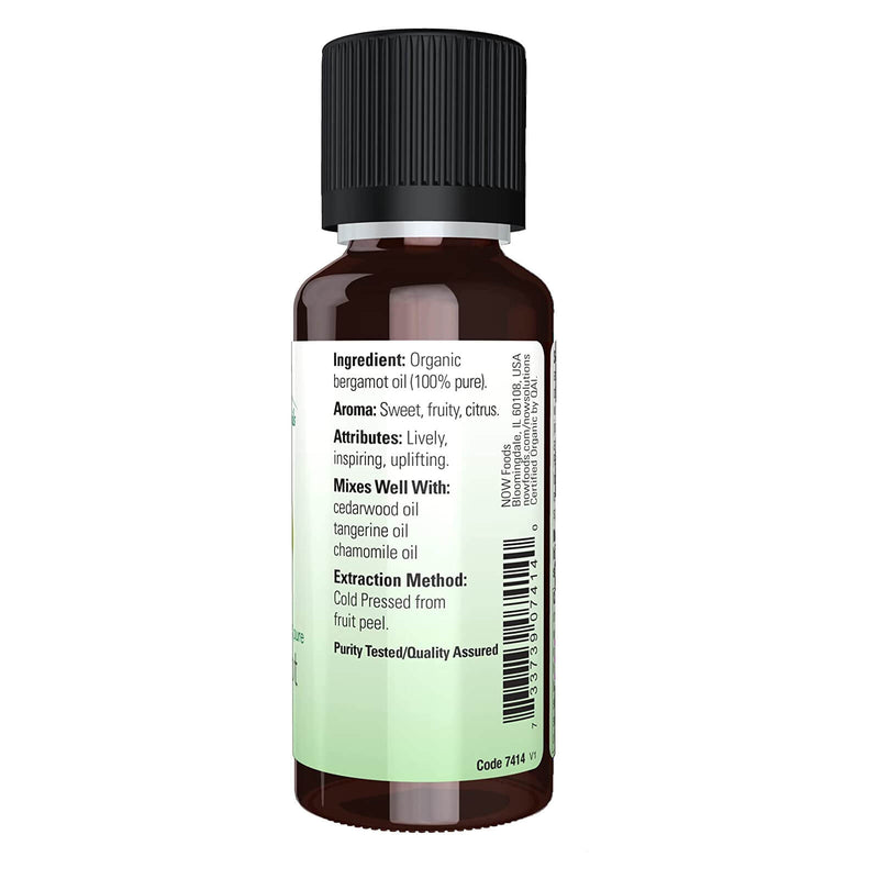 Aceites esenciales NOW, aceite de bergamota orgánico, aroma dulce de aromaterapia, prensado en frío, 100 % puro, vegano, tapa resistente a los niños, 1 onza