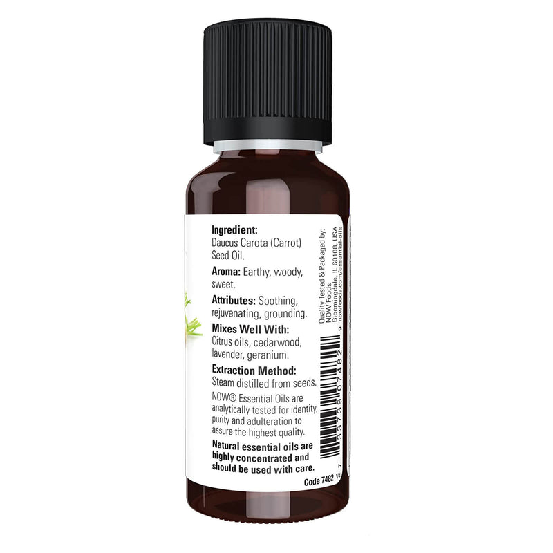 NOW óleos essenciais, óleo de semente de cenoura, aroma de aromaterapia de aterramento, destilado a vapor, 100% puro, vegano, tampa resistente a crianças, 1 onça