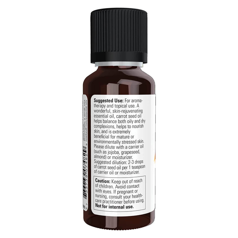 Aceites esenciales NOW, aceite de semilla de zanahoria, aroma de aromaterapia a tierra, destilado al vapor, 100 % puro, vegano, tapa resistente a los niños, 1 onza