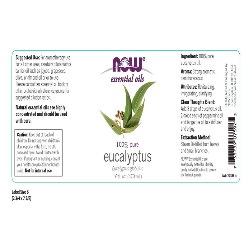 Aceites esenciales NOW, aceite de eucalipto, aroma de aromaterapia aclarante, destilado al vapor, 100 % puro, vegano, tapa resistente a los niños, 16 onzas