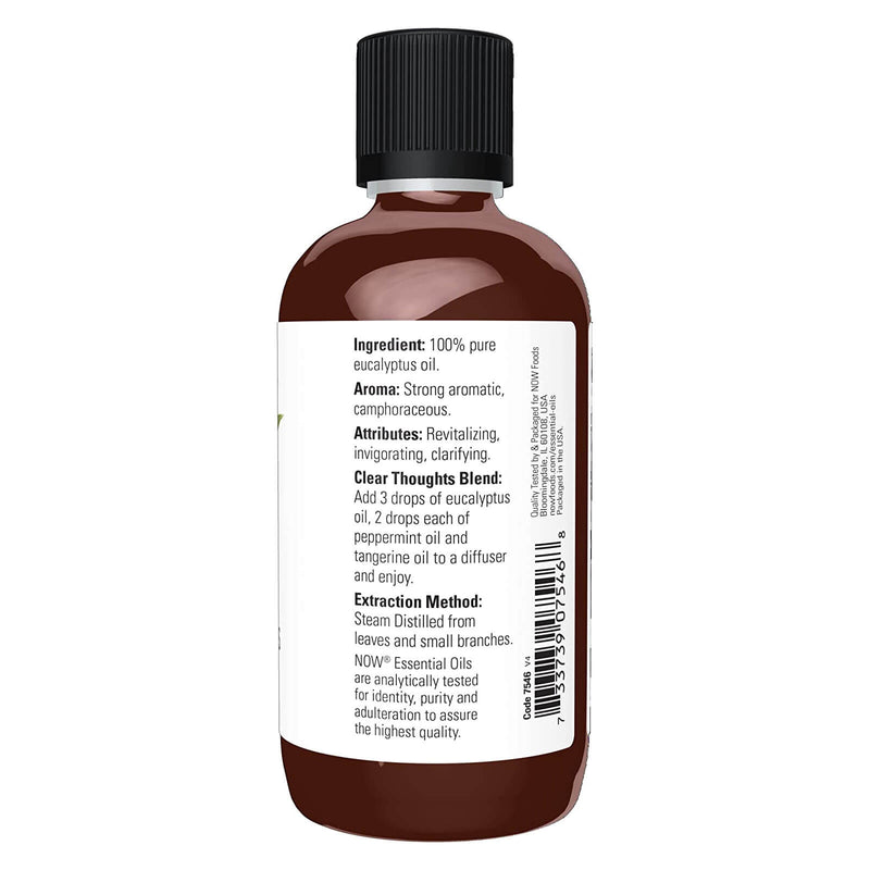 Aceites esenciales NOW, aceite de eucalipto, aroma de aromaterapia aclarante, destilado al vapor, 100 % puro, vegano, tapa resistente a los niños, 4 onzas