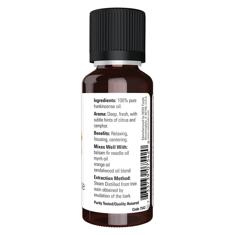 Aceites esenciales NOW, aceite de incienso, aroma de aromaterapia centrado, destilado al vapor, 100 % puro, vegano, tapa resistente a los niños, 1 onza