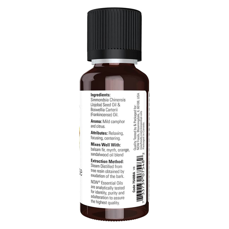 Aceites esenciales NOW, mezcla de aceite de incienso, 20 % de mezcla de aceite de incienso puro en aceite de jojoba puro, aroma de aromaterapia centrado, destilado al vapor, vegano, tapa resistente a los niños, 1 onza