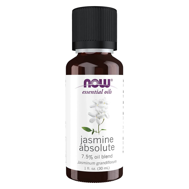 NOW Essential Oils, Jasmine Absolute Oil Blend, 7,5% Blend of Pure Jasmine Absolute Oil in Pure Jojoba Oil, Romantic Aromatherapy Scent, Vegan, Child Resistant Cap, 1-Once