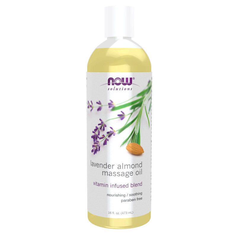 NOW Solutions, aceite de masaje de almendras y lavanda, mezcla infundida de vitaminas, terapéutico y calmante, 16 onzas