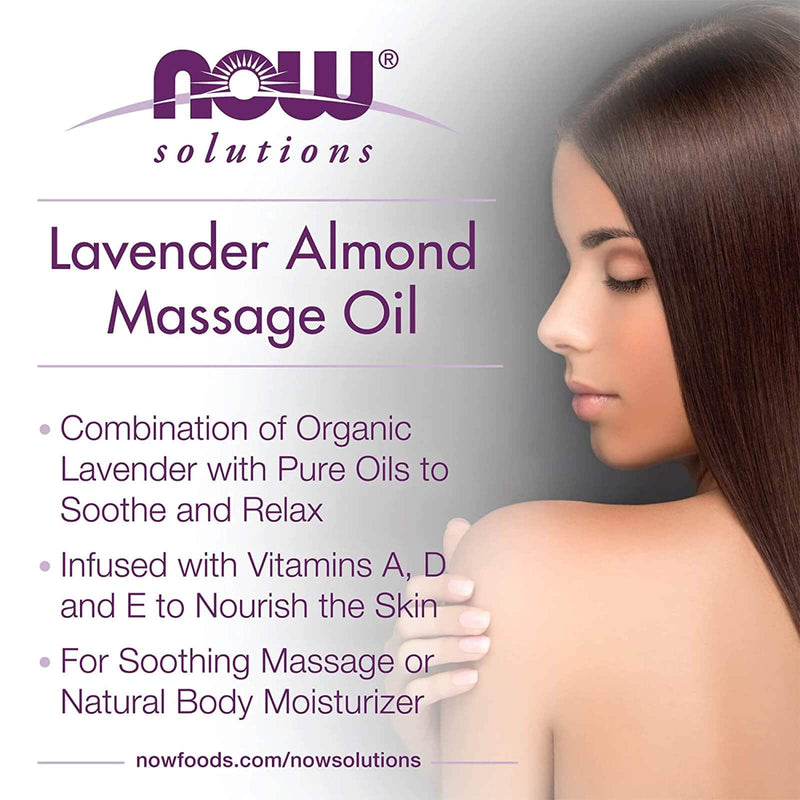 NOW Solutions, aceite de masaje de almendras y lavanda, mezcla infundida de vitaminas, terapéutico y calmante, 16 onzas