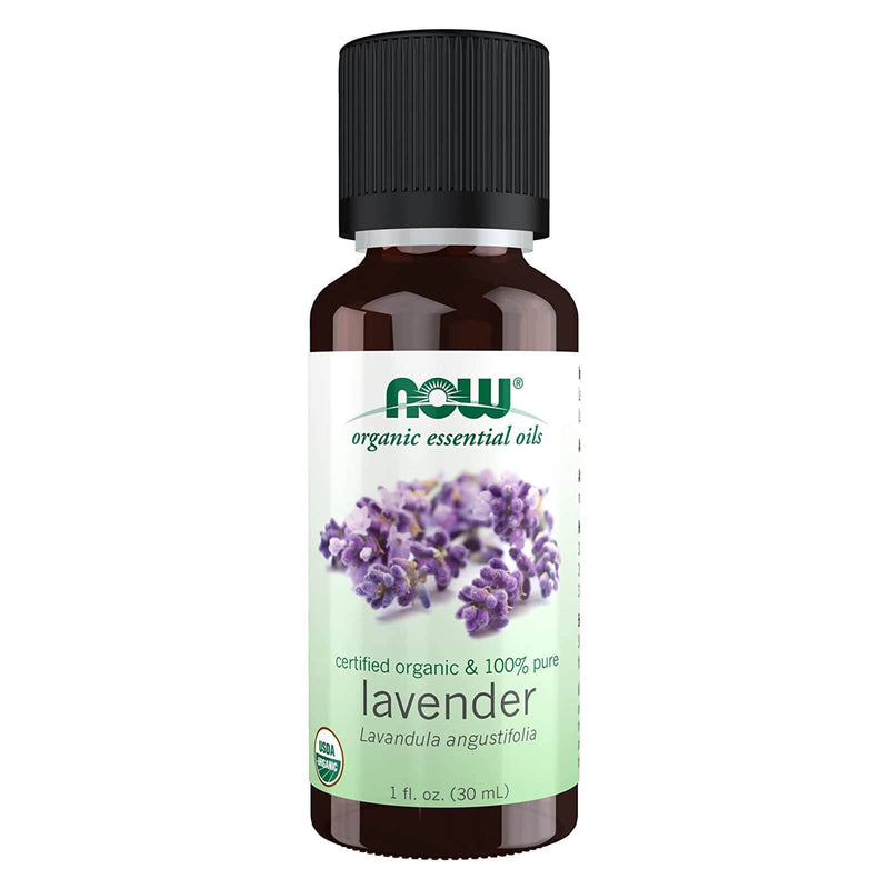 NOW óleos essenciais, óleo de lavanda orgânico, aroma de aromaterapia calmante, destilado a vapor, 100% puro, vegano, tampa resistente a crianças, 1 onça