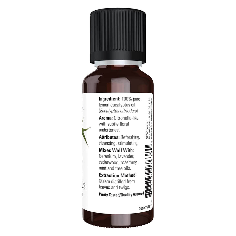 Aceites esenciales NOW, aceite de eucalipto de limón, aroma de aromaterapia refrescante, destilado al vapor, 100% puro, vegano, tapa resistente a los niños, 1 onza