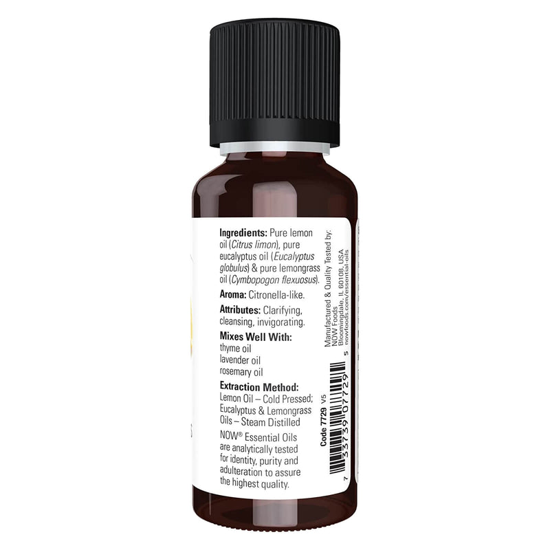 Aceites esenciales NOW, mezcla de aceite de limón y eucalipto, aroma de aromaterapia vigorizante, mezcla de aceite de limón puro y aceite de eucalipto puro, vegano, tapa resistente a los niños, 1 onza