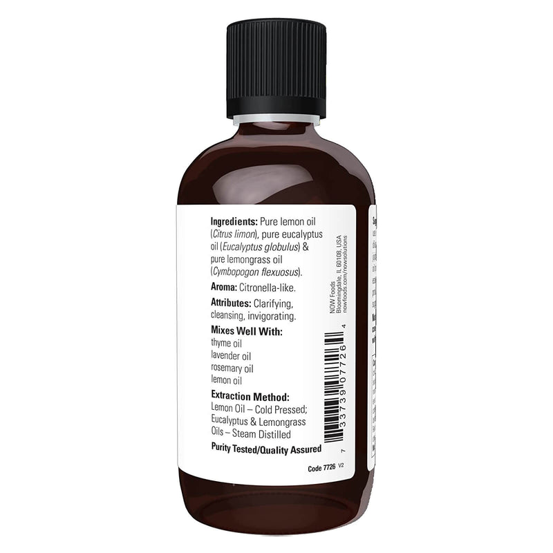 Aceites esenciales NOW, mezcla de aceite de limón y eucalipto, aroma de aromaterapia vigorizante, mezcla de aceite de limón puro y aceite de eucalipto puro, vegano, tapa resistente a los niños, 4 onzas