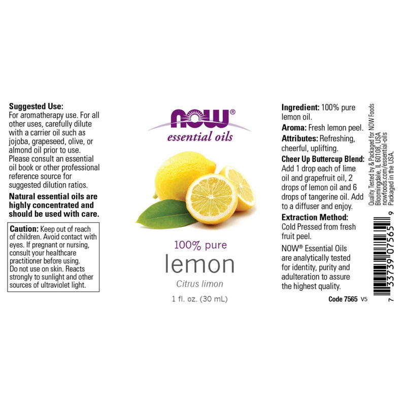 Aceites esenciales NOW, aceite de limón, aroma de aromaterapia alegre, prensado en frío, 100 % puro, vegano, tapa resistente a los niños, 1 onza