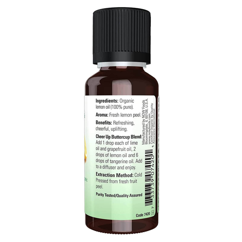 Aceites esenciales NOW, aceite de limón orgánico, aroma de aromaterapia alegre, prensado en frío, 100 % puro, vegano, tapa resistente a los niños, 1 onza