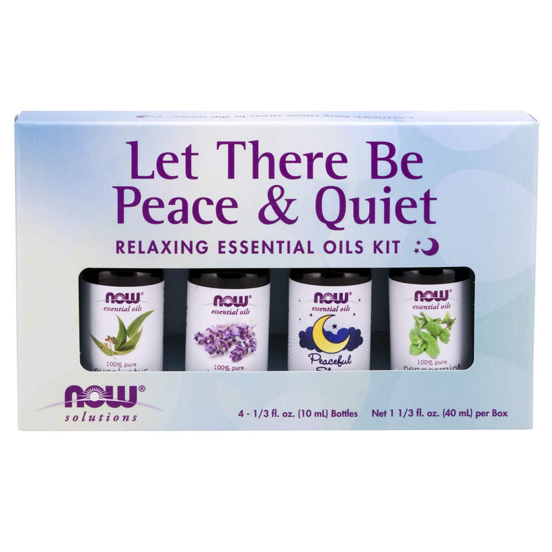 NOW Óleos Essenciais, Kit de Aromaterapia Let There Be Peace &amp; Quiet, 4x10ml incluindo óleo de lavanda, óleo de hortelã-pimenta, óleo de eucalipto, mistura de óleo para dormir tranquilo