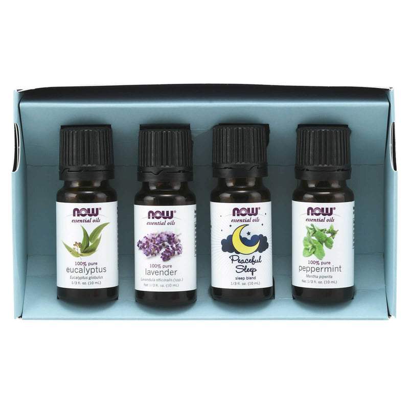 NOW Essential Oils, kit de aromaterapia Let There Be Peace &amp; Quiet, 4x10ml que incluye aceite de lavanda, aceite de menta, aceite de eucalipto, mezcla de aceite para dormir tranquilo