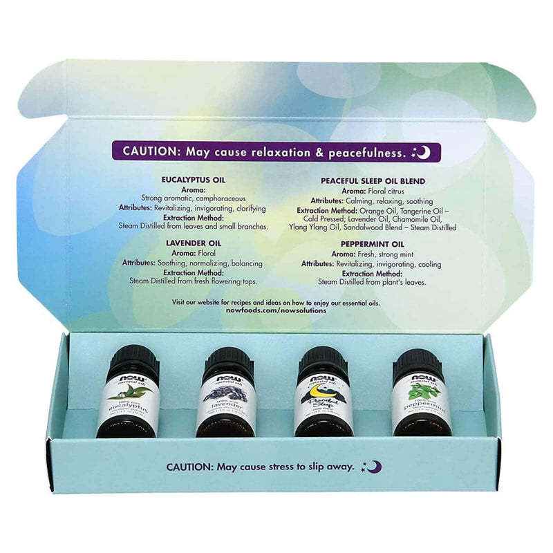 NOW Óleos Essenciais, Kit de Aromaterapia Let There Be Peace &amp; Quiet, 4x10ml incluindo óleo de lavanda, óleo de hortelã-pimenta, óleo de eucalipto, mistura de óleo para dormir tranquilo