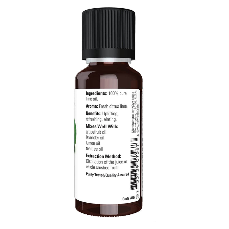 Aceites esenciales NOW, aceite de lima, aroma de aromaterapia cítrica, prensado en frío, 100 % puro, vegano, tapa resistente a los niños, 1 onza