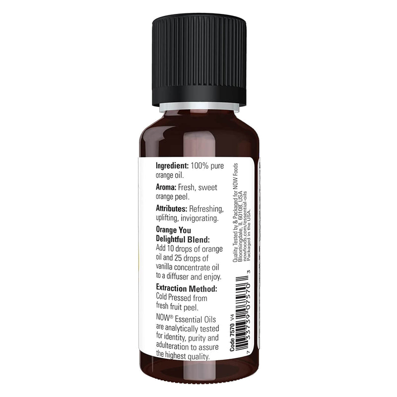 Aceites esenciales NOW, aceite de naranja, aroma de aromaterapia estimulante, prensado en frío, 100 % puro, vegano, tapa resistente a los niños, 1 onza