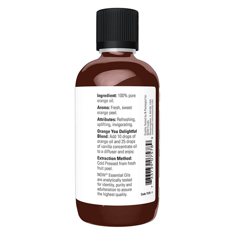 Aceites esenciales NOW, aceite de naranja, aroma de aromaterapia estimulante, prensado en frío, 100 % puro, vegano, tapa resistente a los niños, 4 onzas