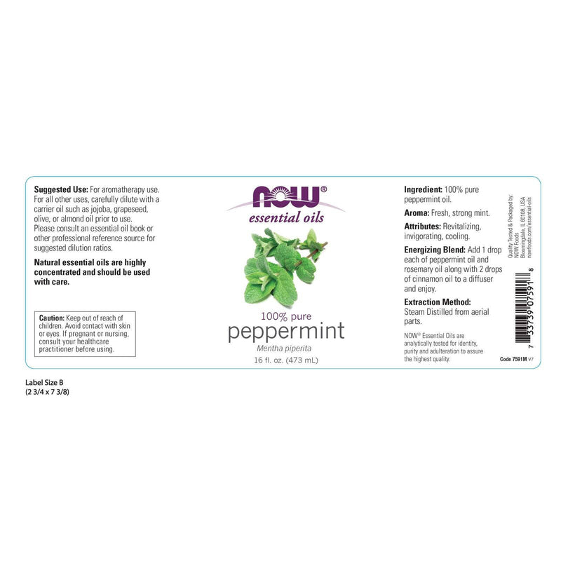 Aceites esenciales NOW, aceite de menta, aroma de aromaterapia vigorizante, destilado al vapor, 100 % puro, vegano, tapa resistente a los niños, 16 onzas