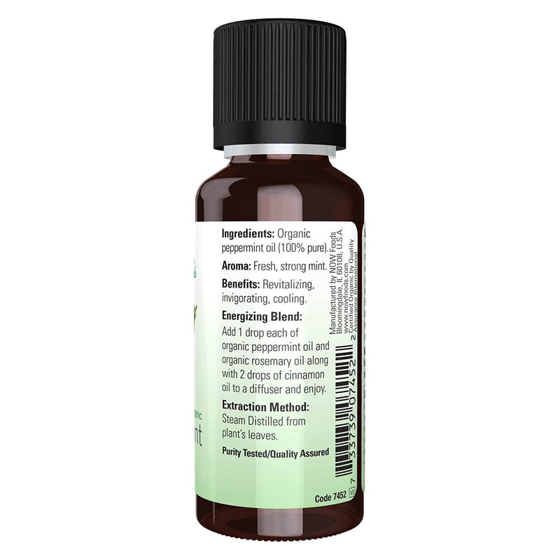 Aceites esenciales NOW, aceite de menta orgánico, aroma de aromaterapia vigorizante, destilado al vapor, 100 % puro, vegano, tapa resistente a los niños, 1 onza