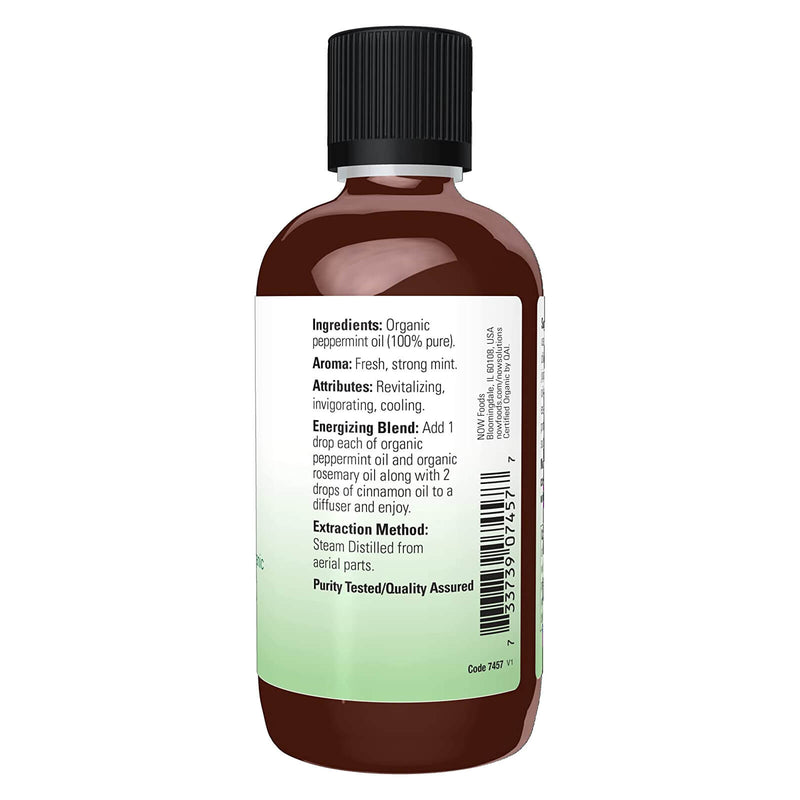 Aceites esenciales NOW, aceite de menta orgánico, aroma de aromaterapia vigorizante, destilado al vapor, 100% puro, vegano, tapa resistente a los niños, 4 onzas