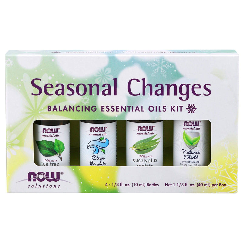 NOW 에센셜 오일, Seasonal Changes Balancing 아로마테라피 키트, 4x10ml, 티트리, 유칼립투스 라디아타, Clear the Air 및 nature's Shield 오일 블렌드, 어린이 보호용 마개