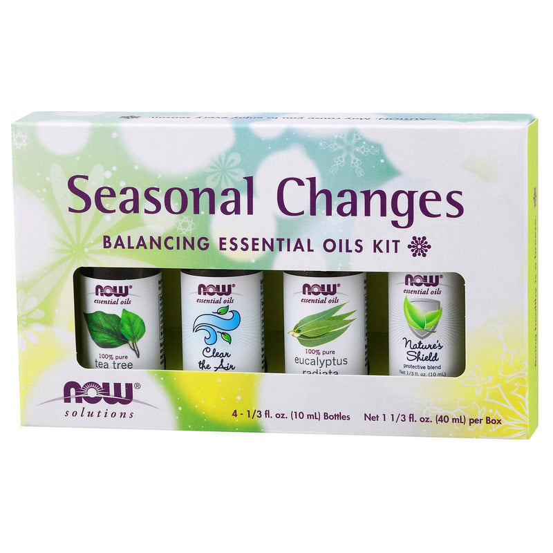 NOW 에센셜 오일, Seasonal Changes Balancing 아로마테라피 키트, 4x10ml, 티트리, 유칼립투스 라디아타, Clear the Air 및 nature's Shield 오일 블렌드, 어린이 보호용 마개