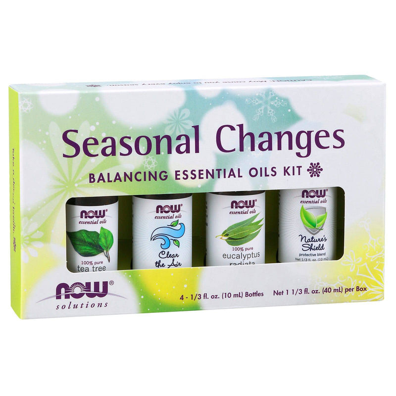 NOW 에센셜 오일, Seasonal Changes Balancing 아로마테라피 키트, 4x10ml, 티트리, 유칼립투스 라디아타, Clear the Air 및 nature's Shield 오일 블렌드, 어린이 보호용 마개