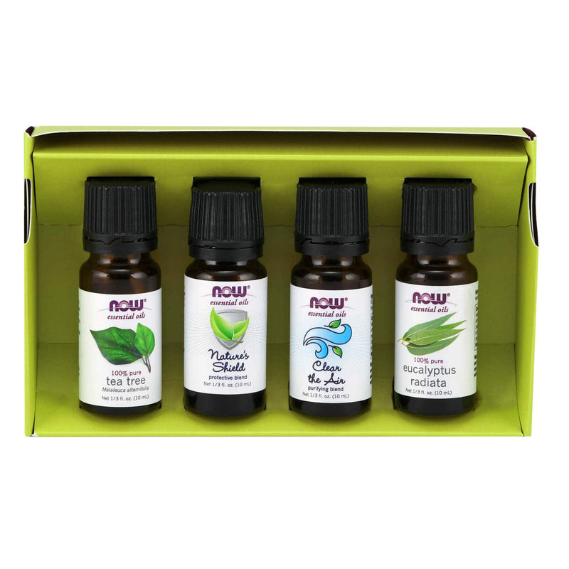 NOW Óleos Essenciais, Mudanças Sazonais Balanceamento de Aromaterapia Kit, 4x10ml Incluindo Tea Tree, Eucalipto Radiata, Clear the Air e Nature&