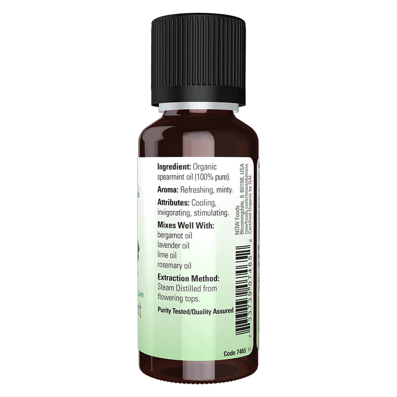 Aceites esenciales NOW, aceite de menta verde orgánico, aroma de aromaterapia estimulante, destilado al vapor, 100% puro, vegano, tapa resistente a los niños, 1 onza