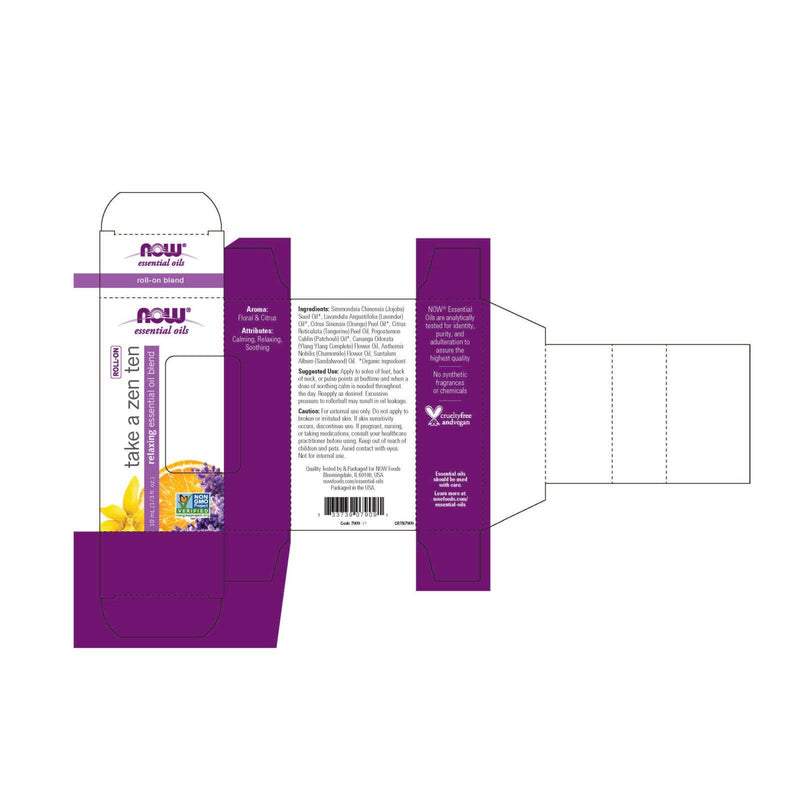 NOW Essential Oils, Take A Zen Ten Roll On, proyecto sin OGM verificado, mezcla relajante, destilado al vapor, aromaterapia tópica, 10 ml