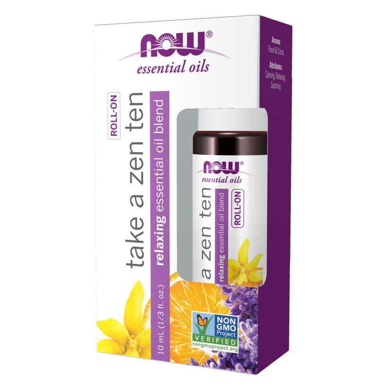 NOW Essential Oils, Take A Zen Ten Roll On, Projeto Não OGM verificado, Mistura Relaxante, Destilado a Vapor, Aromaterapia Tópica, 10 mL