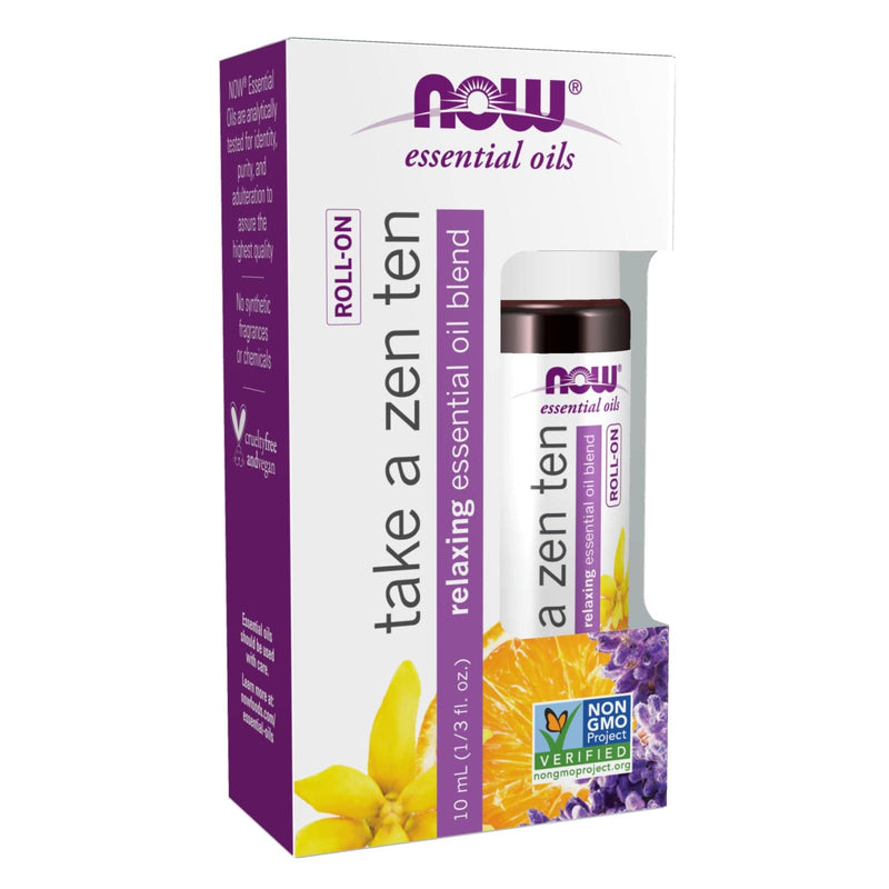 NOW Essential Oils, Take A Zen Ten Roll On, Projeto Não OGM verificado, Mistura Relaxante, Destilado a Vapor, Aromaterapia Tópica, 10 mL