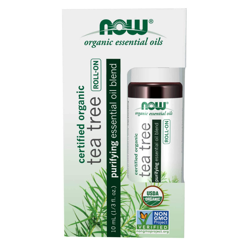 Óleos Essenciais NOW, Mistura de Óleos Essenciais de Tea Tree, Roll-On Orgânico, 10 mL