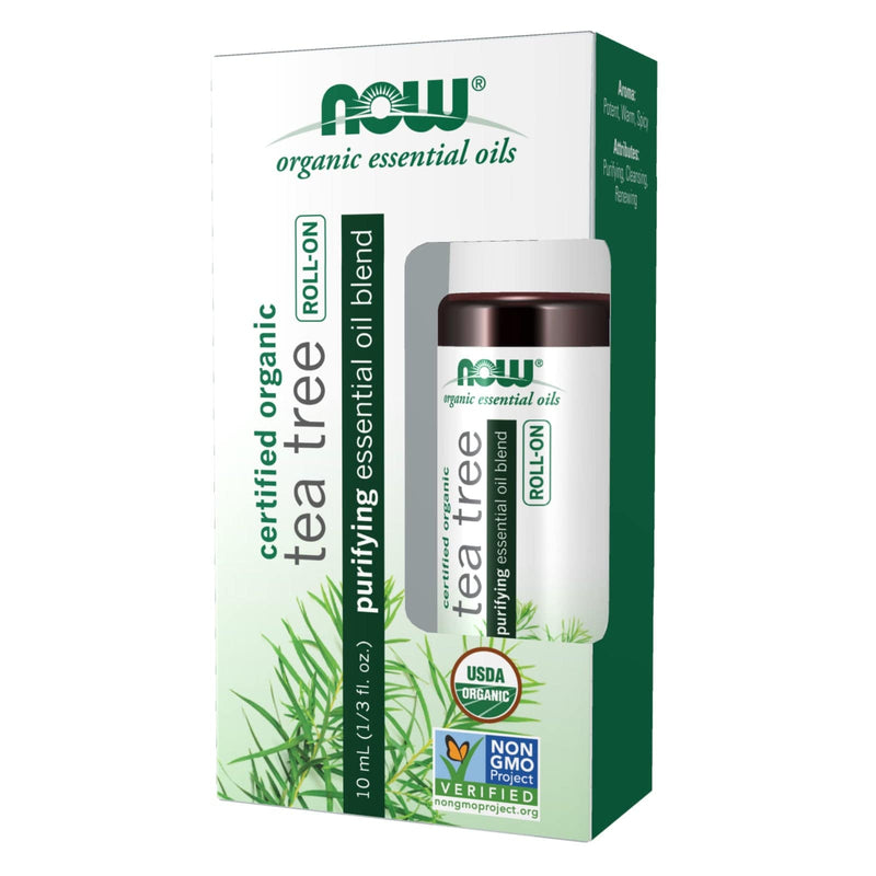 Óleos Essenciais NOW, Mistura de Óleos Essenciais de Tea Tree, Roll-On Orgânico, 10 mL