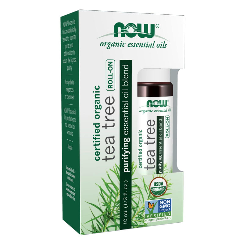 Óleos Essenciais NOW, Mistura de Óleos Essenciais de Tea Tree, Roll-On Orgânico, 10 mL