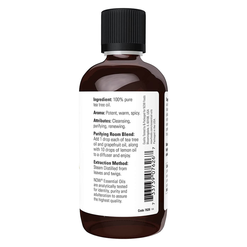 Aceites esenciales NOW, aceite de árbol de té, aroma de aromaterapia de limpieza, destilado al vapor, 100% puro, vegano, tapa resistente a los niños, 4 onzas