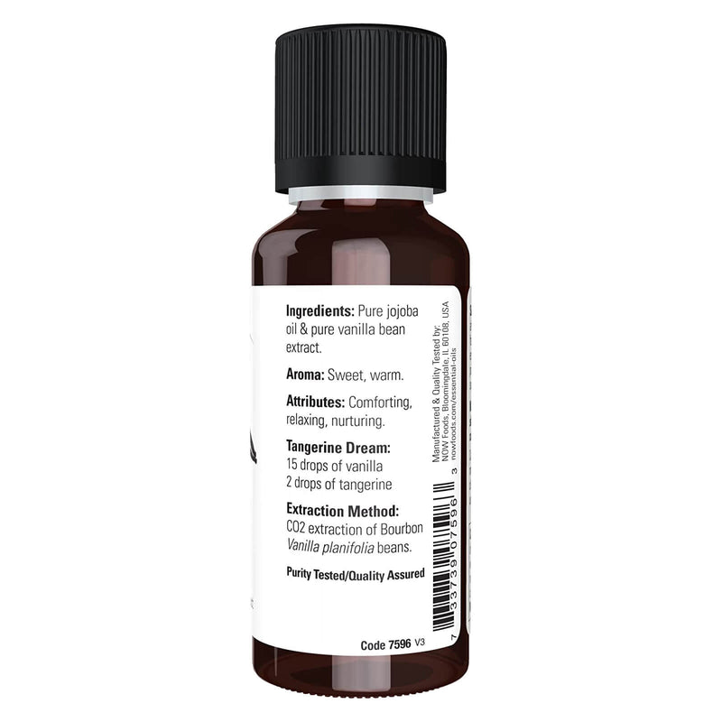 Aceites esenciales NOW, aceite de vainilla, mezcla de extracto puro de vainilla en aceite puro de jojoba, aroma de aromaterapia dulce, vegano, tapa resistente a los niños, 1 onza