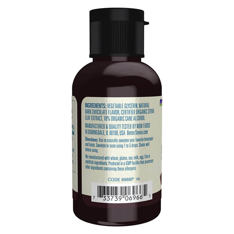 NOW Foods, Better Stevia Liquid, Chocolate Amargo, Adoçante Líquido Zero-Calorie, Low Glycemic Impact, Certified Non-GMO, 2 onças