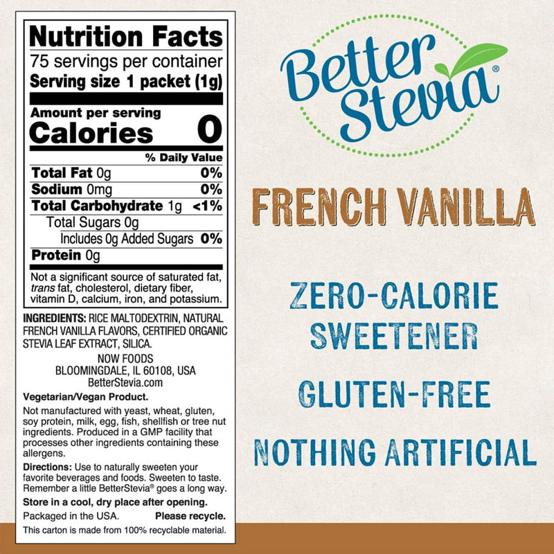 NOW Foods, BetterStevia, Baunilha Francesa, Adoçante sem Calorias, Sem Glúten, Certificado Não OGM, 75 Pacotes/Caixa