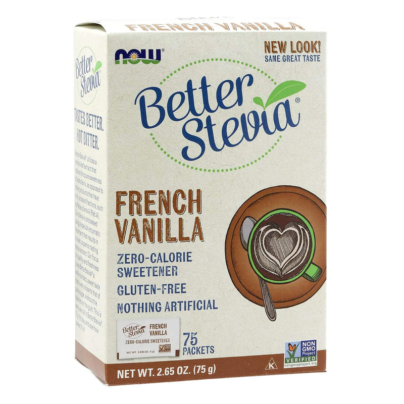 NOW Foods, BetterStevia, Baunilha Francesa, Adoçante sem Calorias, Sem Glúten, Certificado Não OGM, 75 Pacotes/Caixa