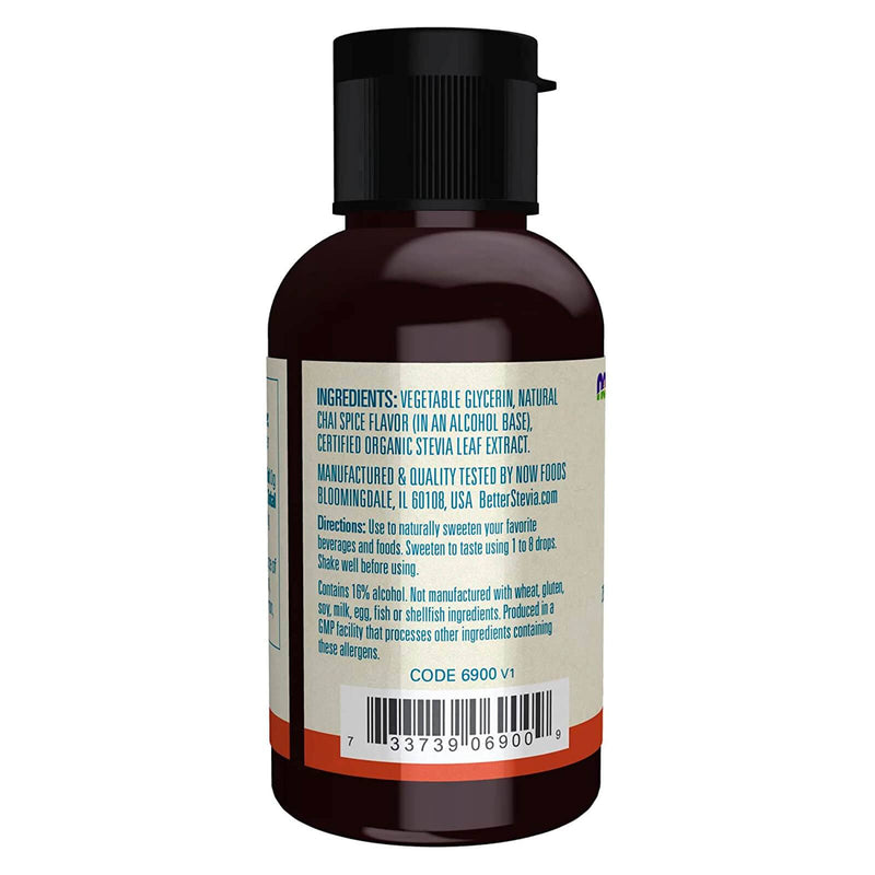 NOW Foods, melhor Stevia, líquido, Chai Spice, adoçante líquido com zero calorias, baixo impacto glicêmico, certificado não transgênico, 2 onças